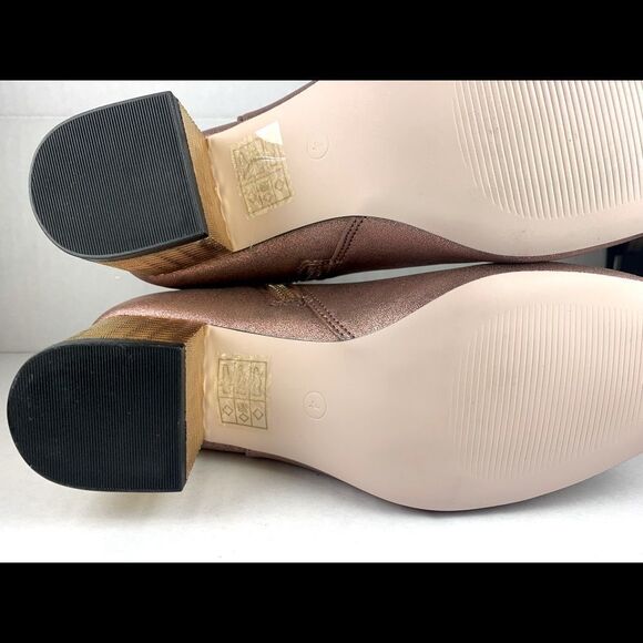 ASOS pink shimmer ankle bootie gold textured gold block heels - Picture 7 of 9